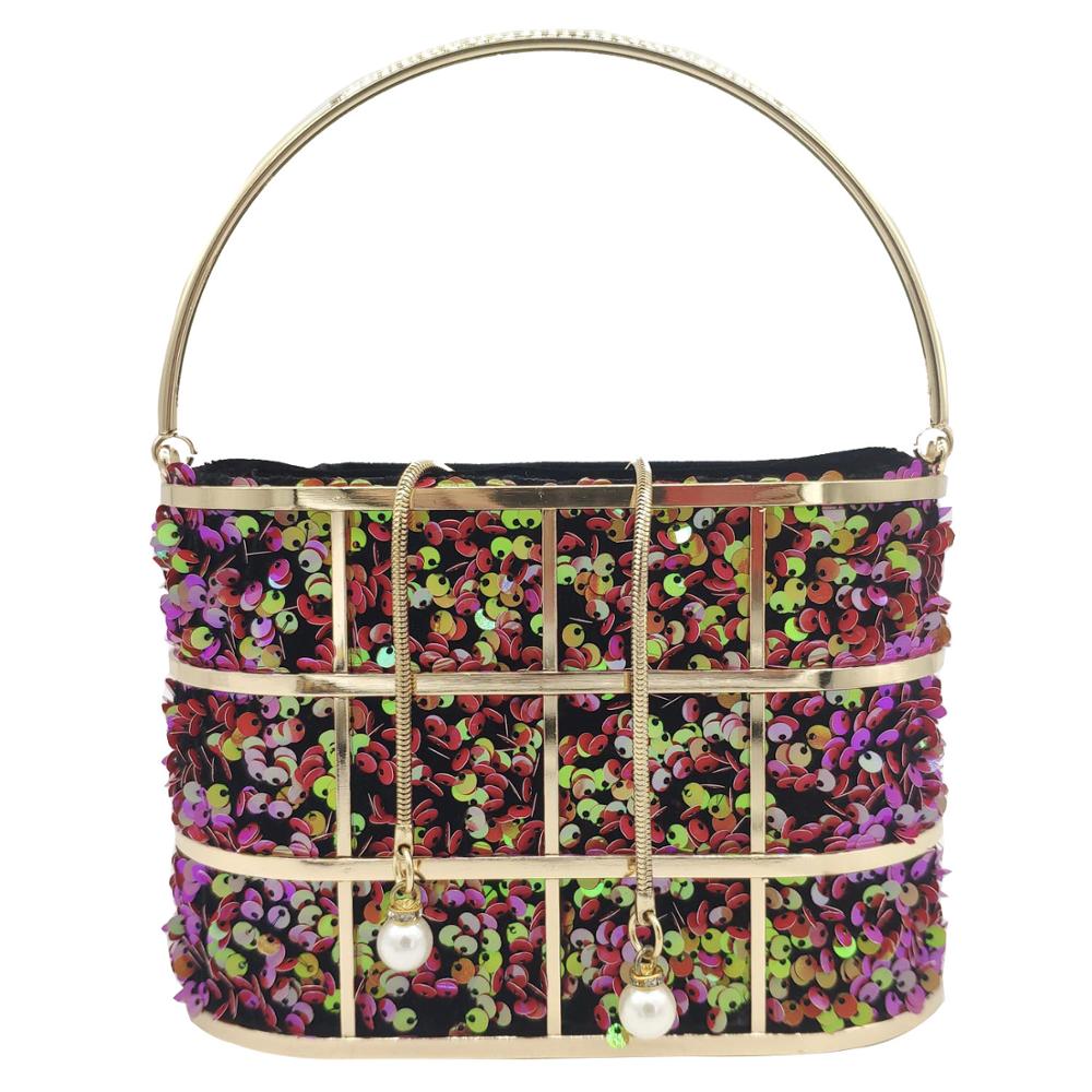 Boutique De Fgg Bling Lovertjes Vrouwen Metalen Emmer Clutch Handtassen Chain Schouder Crossbody Tassen Party Cocktail Avond Purse Bag