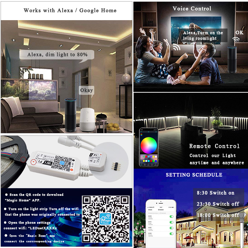RGBWW WIFI LED Strip Lights 5050 RGBW LED Flexible Ribbon Tape APP Control +Power Supply Works With Alexa Google for Home Decor