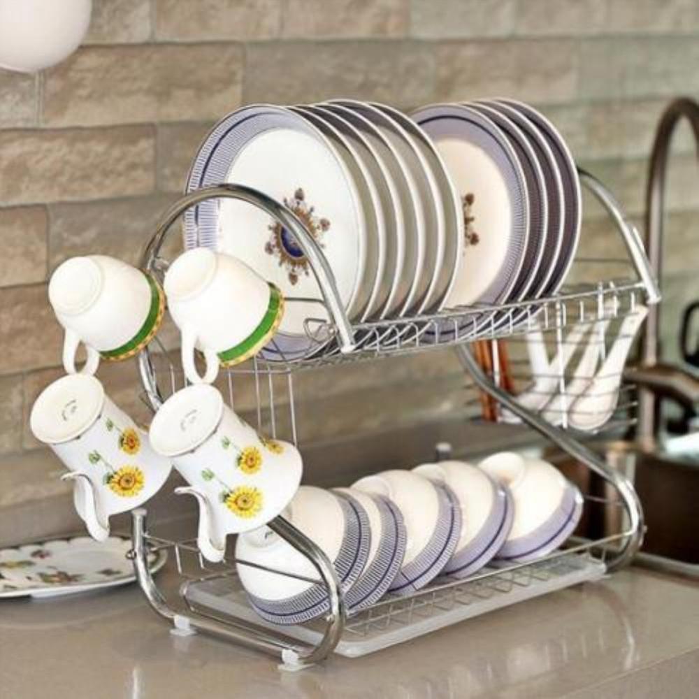 2-Layer Dish Drying Rack For Kitchenware Mug Holder Utensil Holder Dishes Rack Kitchen Storage Stainless Steel Kitchen Dish Rack
