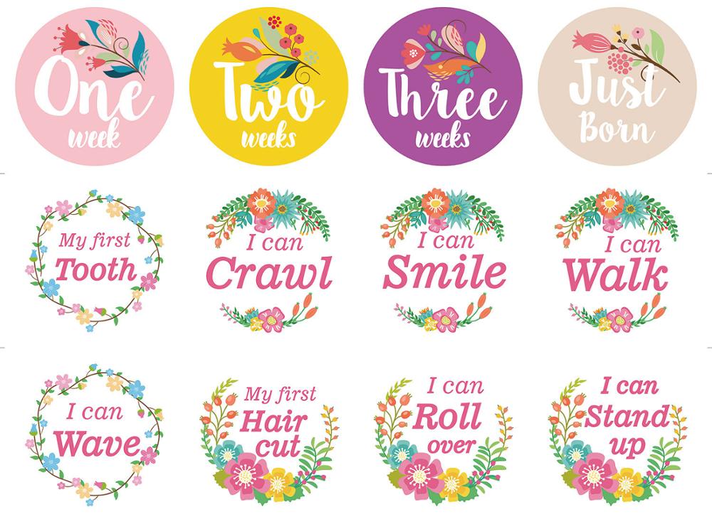 12 pièces bébé mensuel photographie autocollants dessin animé fleur -né bébé photographie étape 1-12 mois enfants Photo stand accessoires