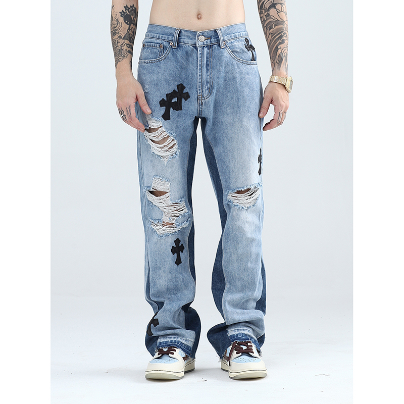 Pantalones vaqueros rasgados para hombre y mujer, ropa urbana de retales de cuero PU con costuras cruzadas, Micro acampanados, estilo Hip Hop