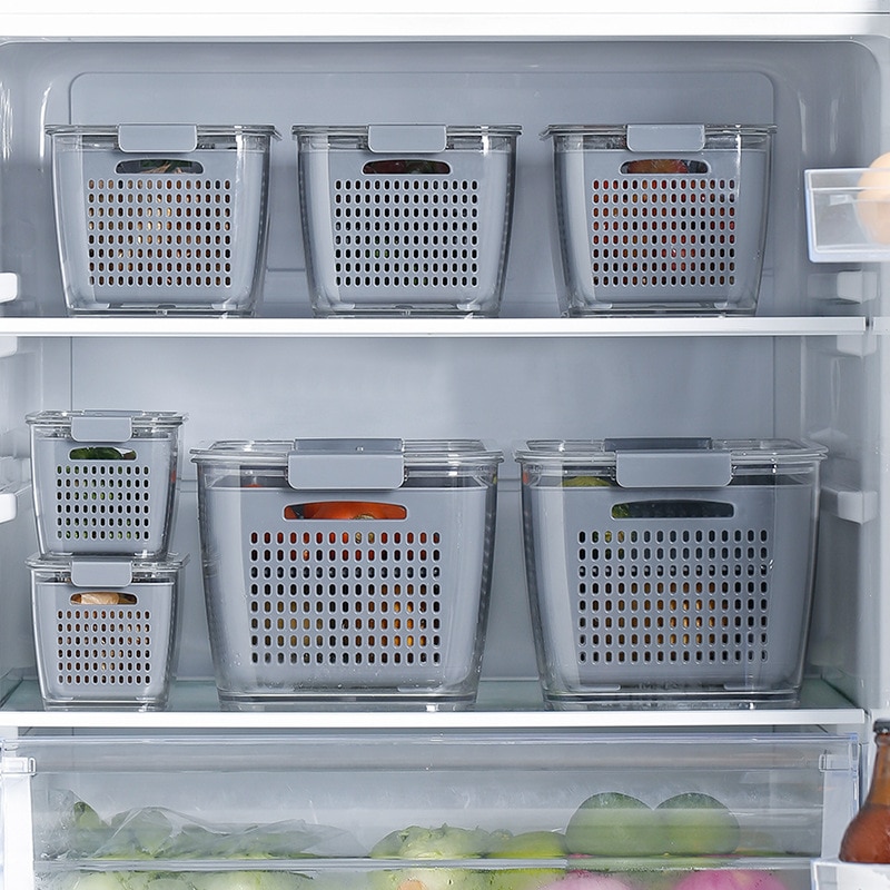 Kitchen Plastic Storage Box Refrigerator Fruit Vegetable Drain Crisper Fresh-Keeping Box with Lid Kitchen Storage Containers