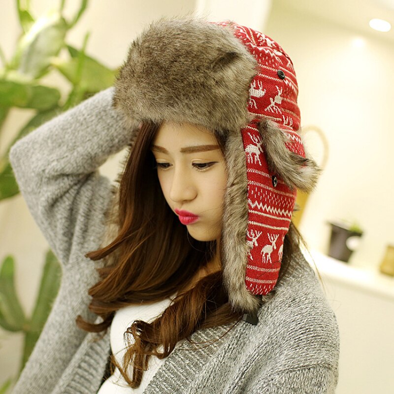 HT353-gorro de estilo ruso con aleta de nieve para hombre y mujer, gorro de bombardero de piel sintética con solapa de oreja, para invierno