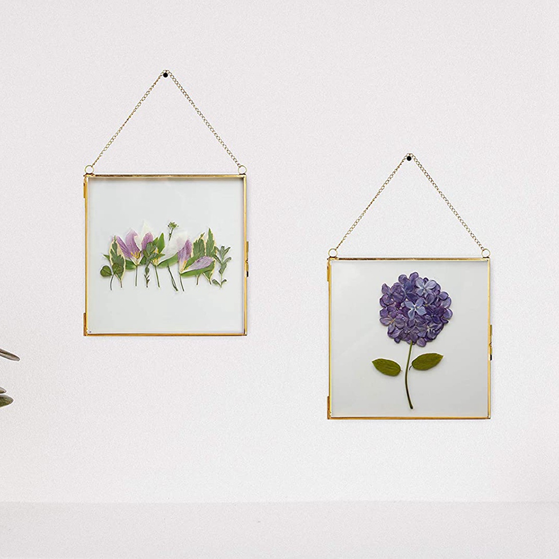 2Pcs Glass Frame for Pressed Flowers, Leaf and Artwork - Hanging Square Metal Picture Frames,Clear Double Glass Floating