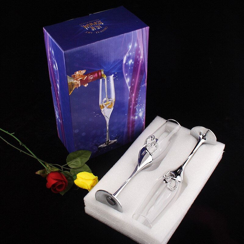 2 Stks/set Crystal Wedding Roosteren Champagne Fluiten Glazen Drink Cup Party Huwelijk Wijn Decoratie Cups Voor Partijen Geschenkdoos: 2pcs Silver package