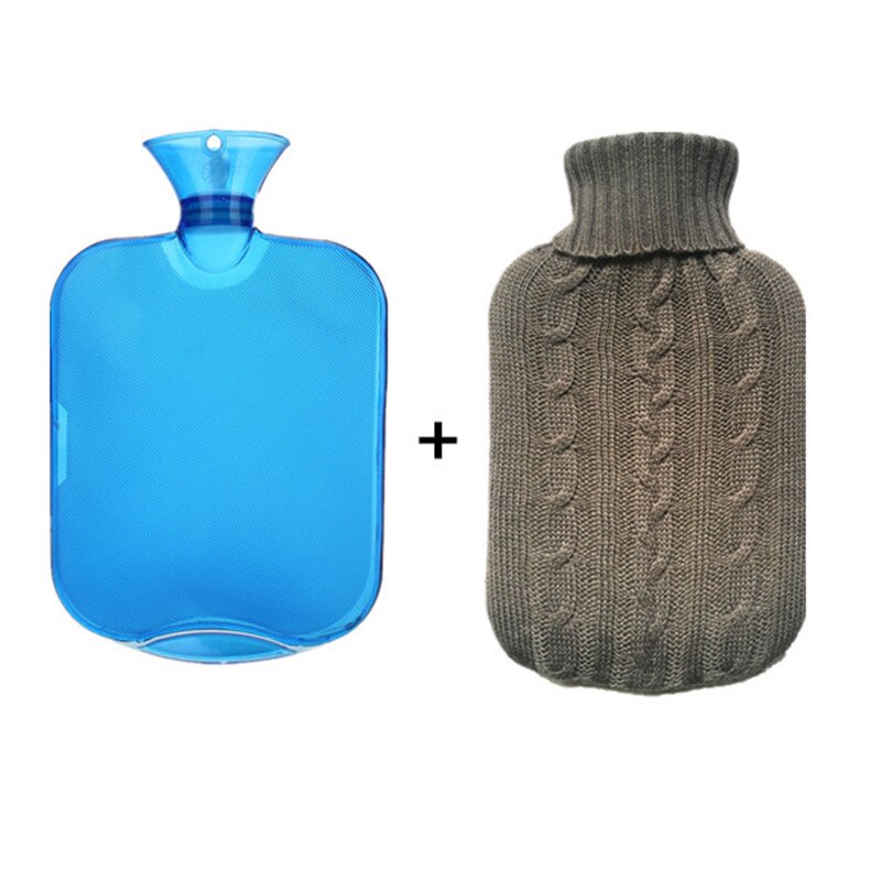 2000ml madecial pvc garrafa de água quente (azul) saco de água quente com capa de malha de china saco de água quente de borracha: blue with gery cover