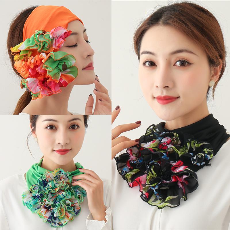 Floral Neck Ring Scarf Chiffon Collar Tie Women Muslim Hijab Hat Indian Turban Solid Lady Office Neckerchief Skinny Hair Scarves