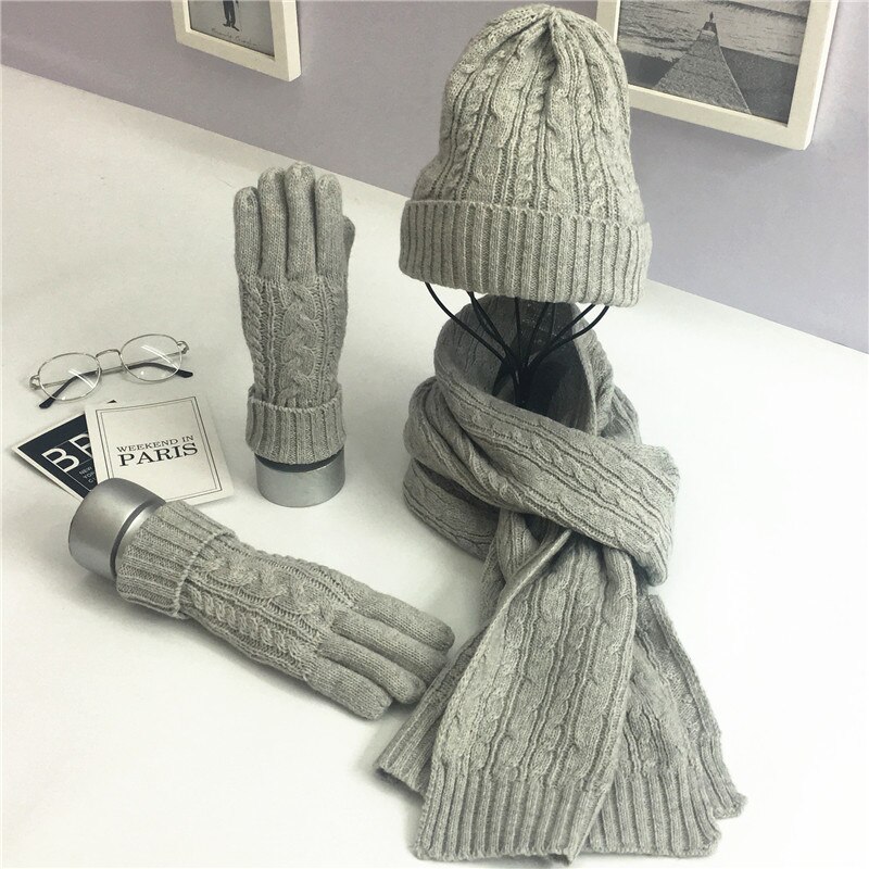 3 pcs Set Winter Knitted Hat Scarf Gloves for Women Beanie Ladies Knitted Scarves Women Winter Clothing Accessories Suit: Gray