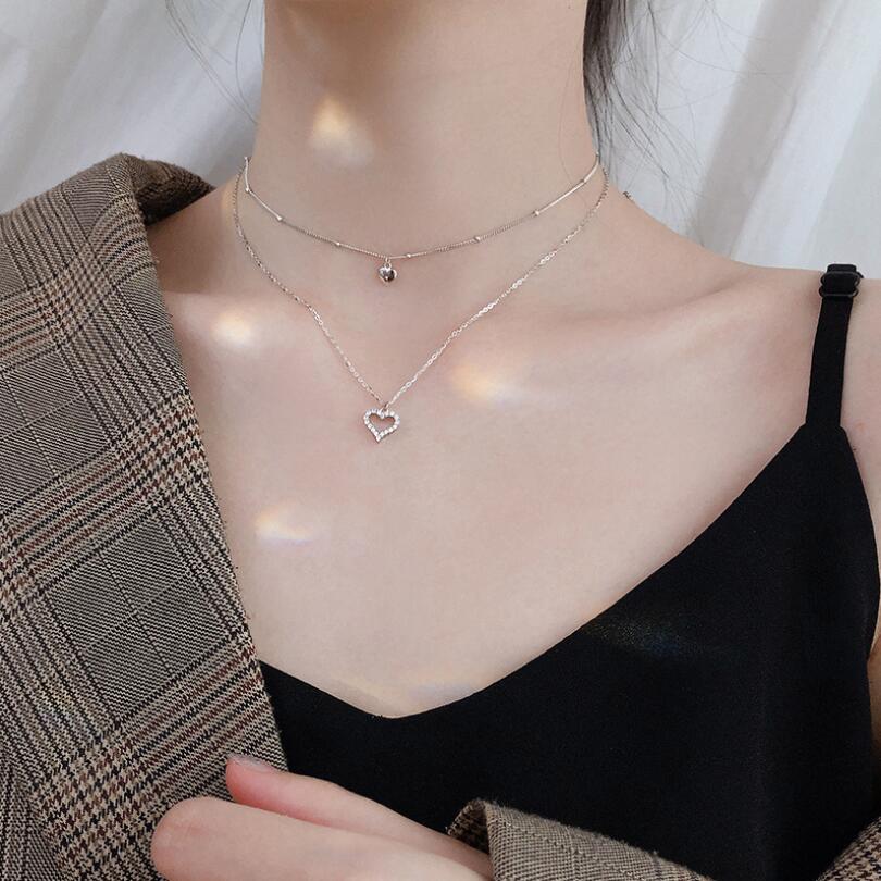 Double Layer Heart Pendant Necklaces For Women Trend Short Clavicle Chain 925 Sterling Silver Color Girls Jewelry SAN216