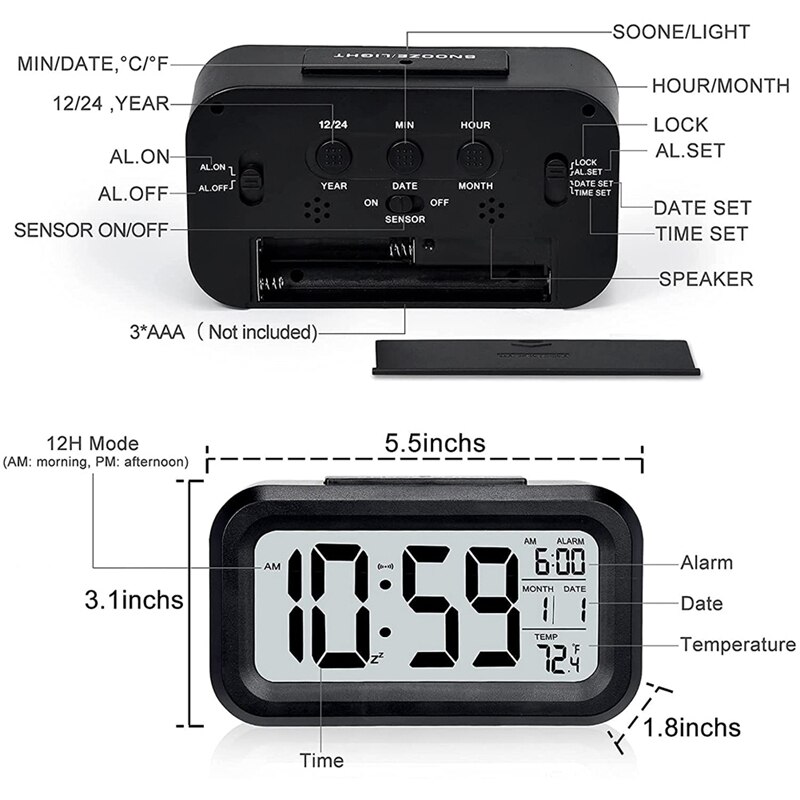 Digital Alarm Clock,Battery Operated Alarm Clock, with Night Light Snooze Date 12/24H Indoor Temperature
