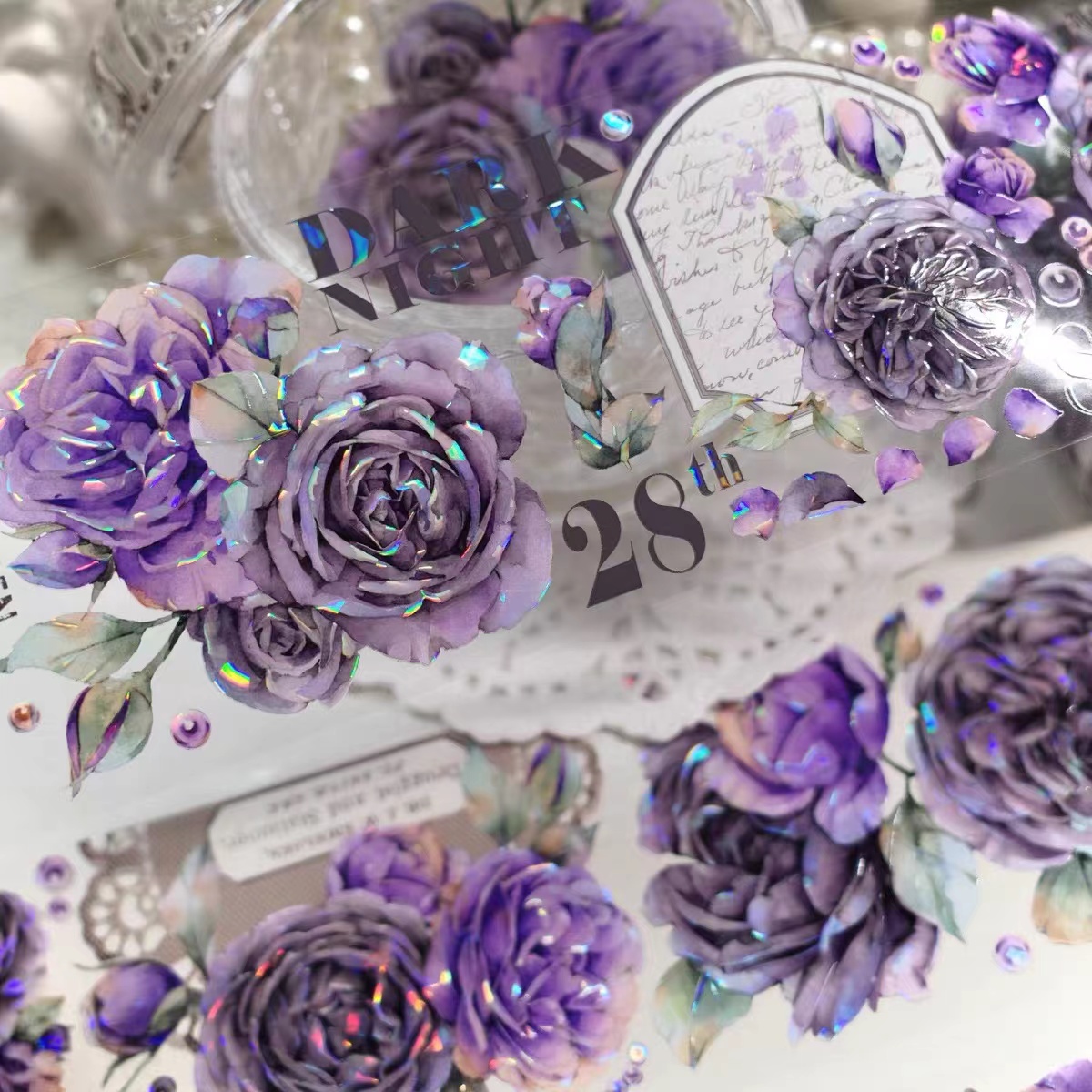 Retro Purple Rose Shiny Washi PET Tape for Planner Card Making DIY Scrapbooking Plan Decorative Sticker