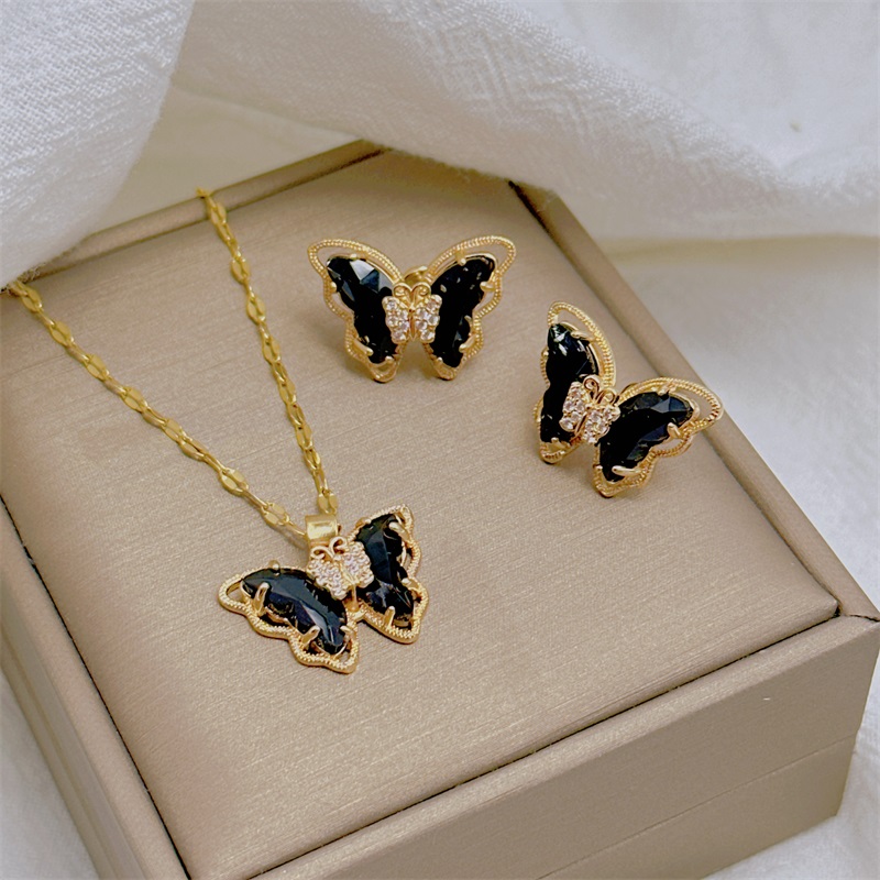 conjuntos de joyas collares para mujer conjunto de joyeria para mujer Collar de pendientes de mariposa, joyería exquisita de , collar clásico Retro, cristal transparente, cadena de clavícula de acero inoxidable: Bañado en rodio de imitación