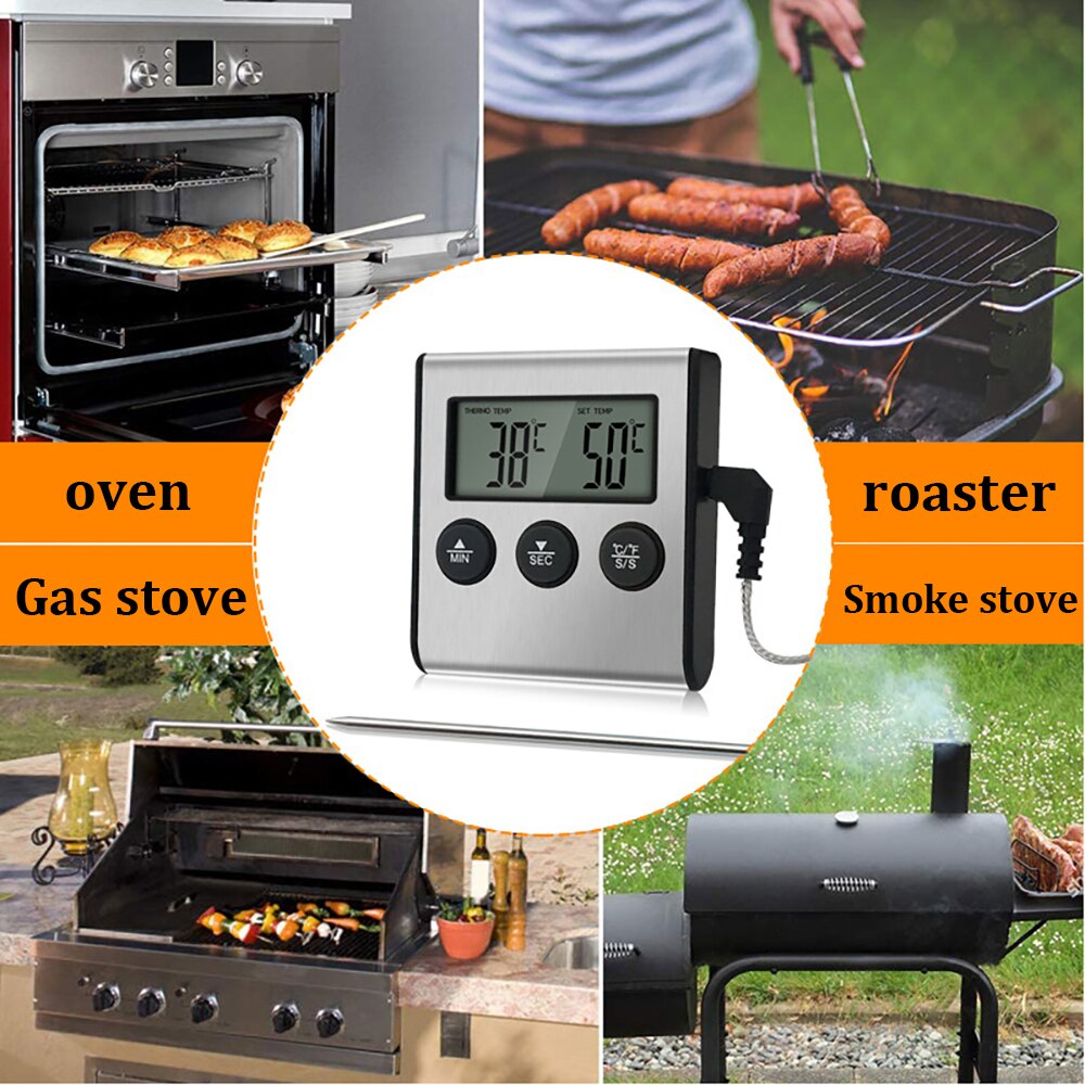 Digital BBQ Thermometer Meat Kitchen Food Stainless Steel Probe Temperature Cooking Oven Meter Grill Timer Function