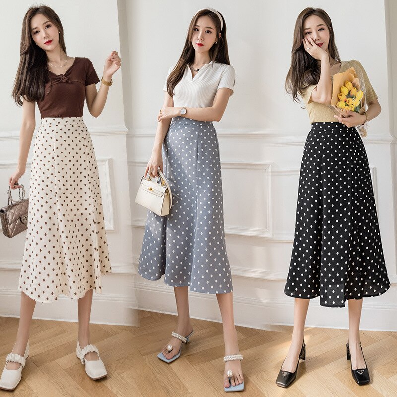 Falda larga con estampado de lunares para mujer, falda larga informal de cintura alta, coreana, para primavera y verano,