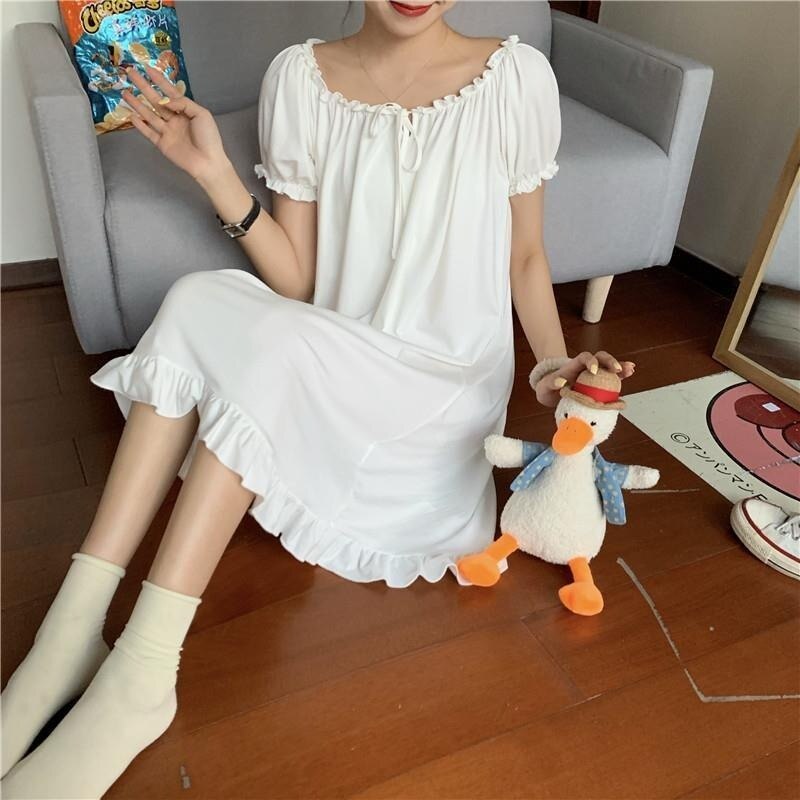 Nightgowns Women Summer Ruffles Lovely Girls Solid Nightwear Knee-length Loose Comfortable Ulzzang Basic Casual Popular Clothing