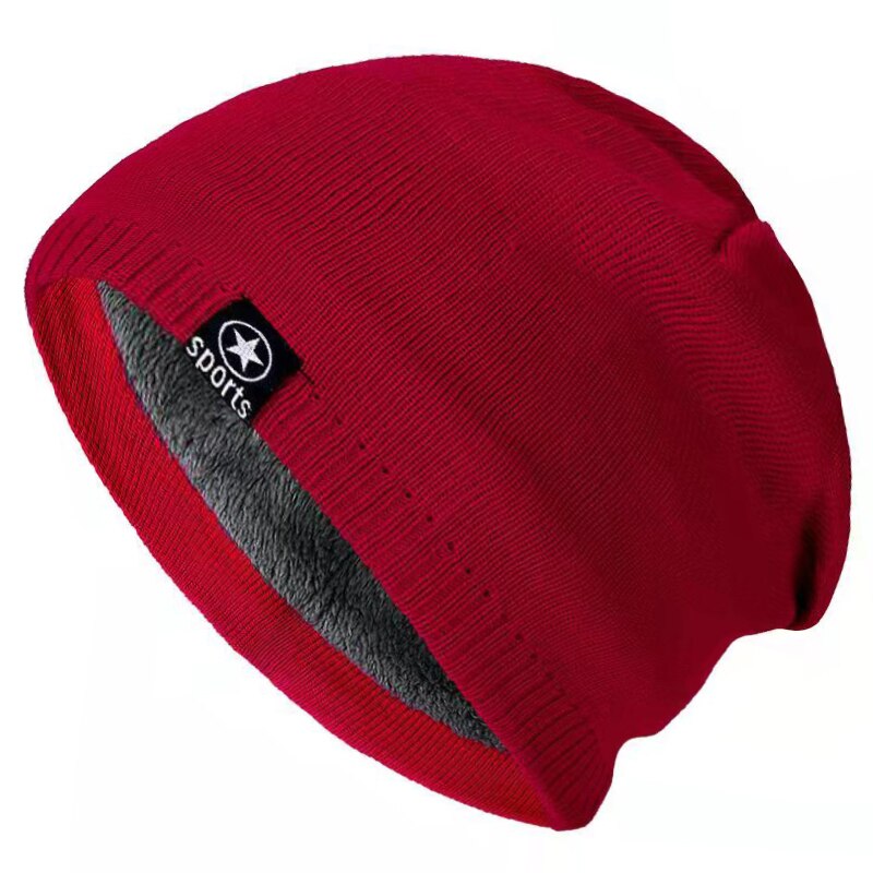 Vinter hatte til mænd ensfarvet strikket hat stjerne sport uld beanie vinter varm behagelig hat udendørs tykke varme hatte: Rød