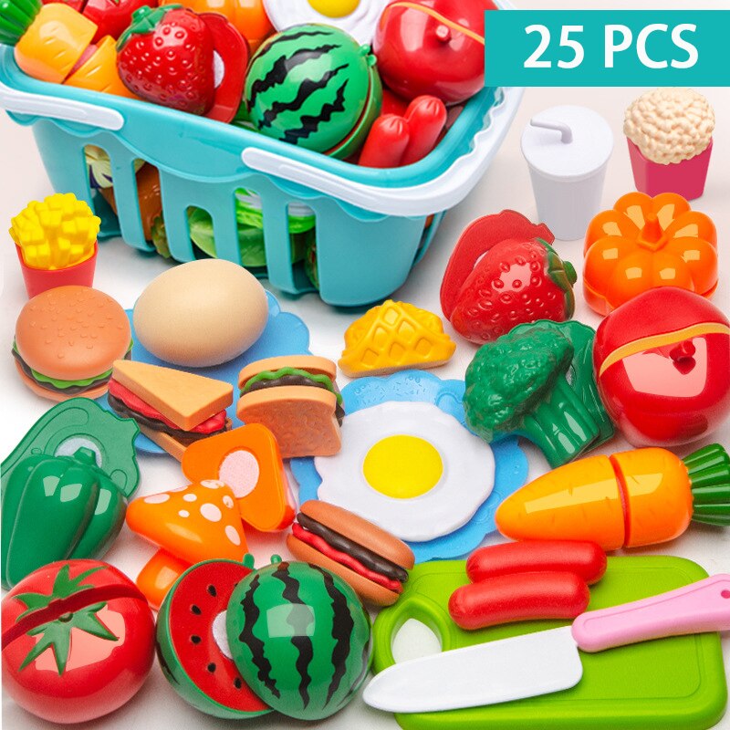 150pcs Plastic Kitchen Toy Shopping Cart Set Cut Fruit and Vegetable Food Play House Simulation Toys Early Education Girl: 25-piece set