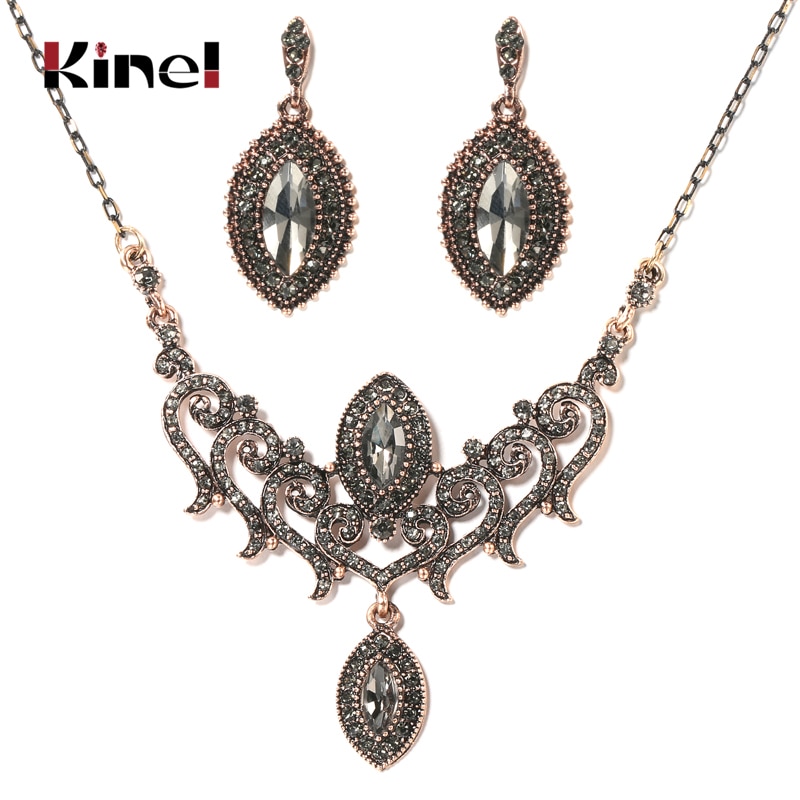 Kinel Luxe Grijs Kristal Bloem Vrouwen Oorbel Ketting Vintage Sieraden Sets Goud Kleur Turkse Strass Bruiloft Sieraden