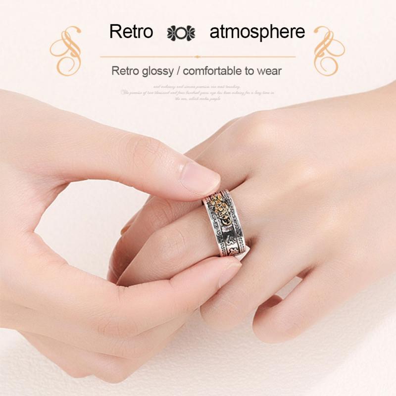 Feng Shui Pixiu Mani Mantra Wealth Ring Lucky Retro Silver Male