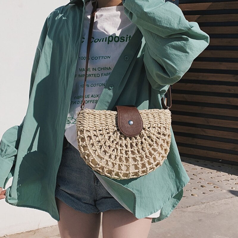 Damen-umhängetasche aus gewebtem stroh, halbrunde schultertasche, sommer-Bote-tasche für damen