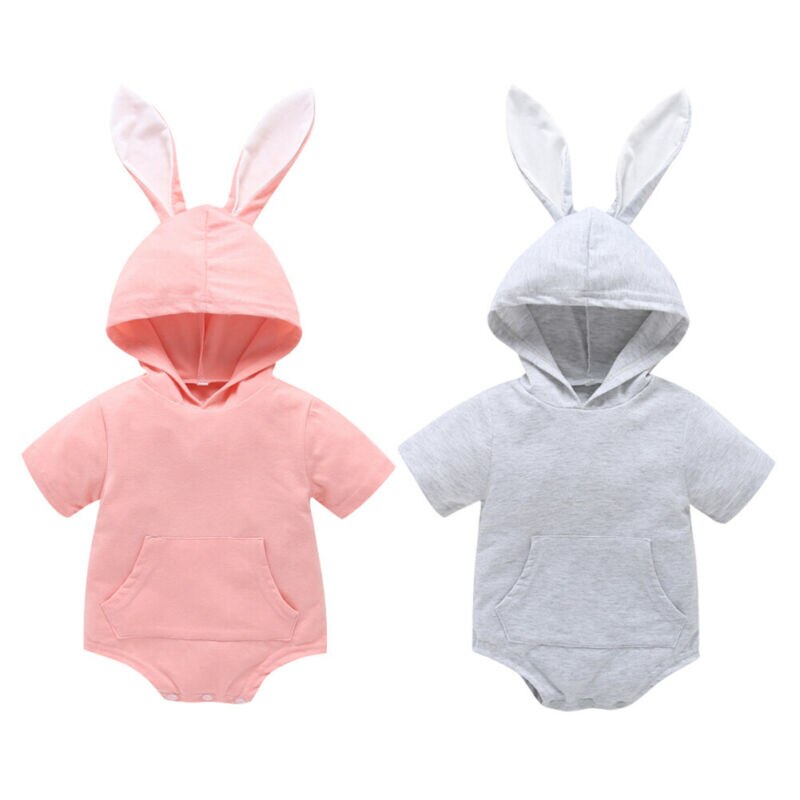 Baby sommer tøj spædbarn baby pige dreng påskehare ører hætte kortærmet bodysuit samlet solid pocket outfit