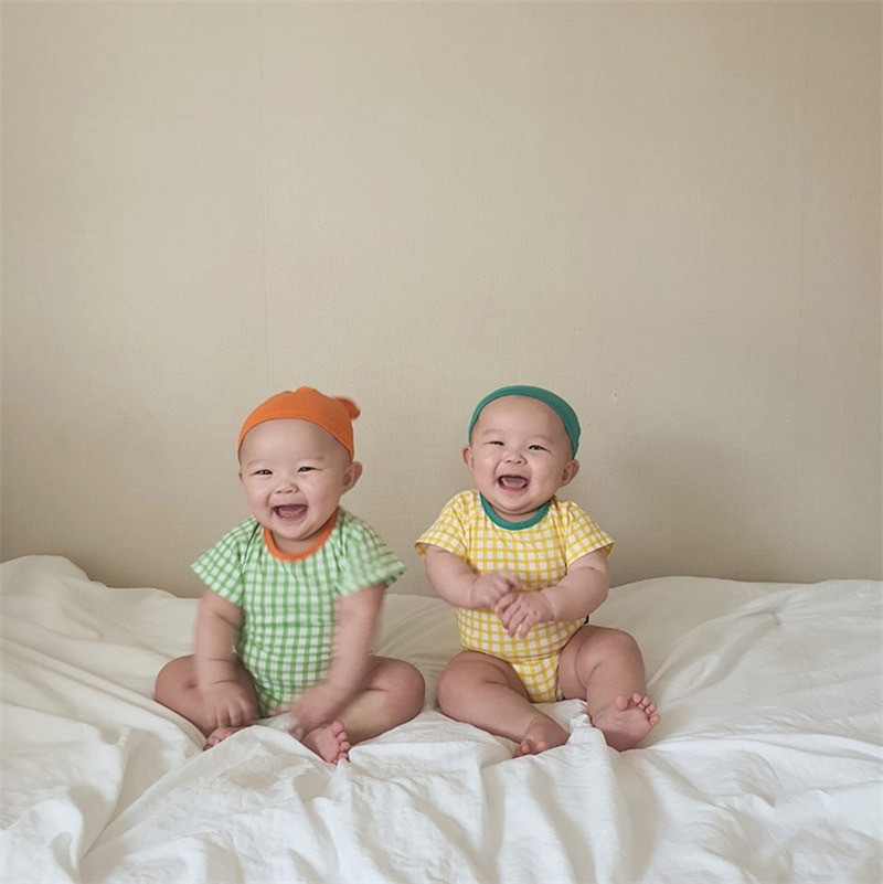 3731 zomer babykleding met korte mouwen, snoepkleurige ruitjes, kruipkleding, romper en muts voor 1 jaar oud voor meisjes en jongens
