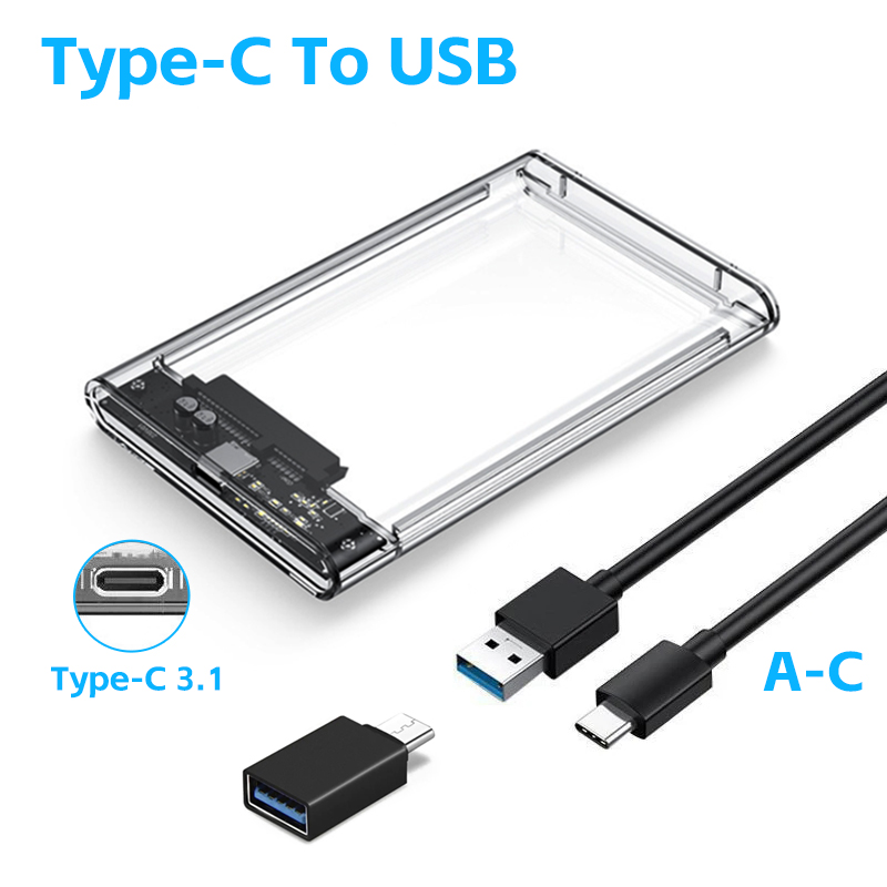 USB 3.0 Transparent HDD Enclosure 2.5" ,Type C Micro Cable External Hard Drive Disk Case 2.5 Inch SATA Box HDD SSD Computer