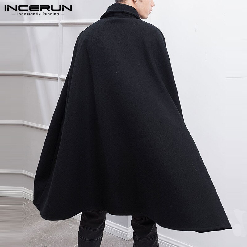 INCERUN 2022 Men Cloak Coats Solid Color Streetwear Lapel Cape Trench Winter Chic Faux Blends Overcoat Men Jackets S-5XL