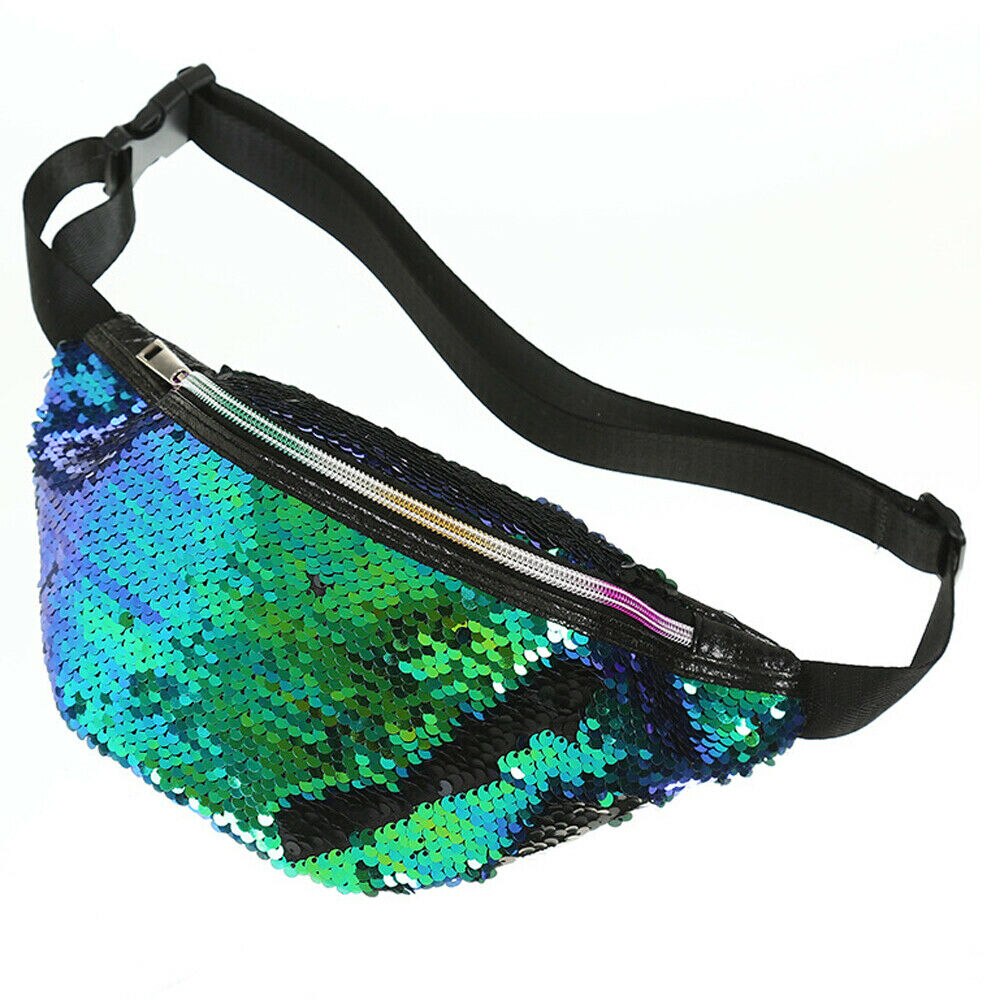 Womens Reversible Mermaid Sequins Glitter Waist Bum Bag Pack Pouch Satchel: Green