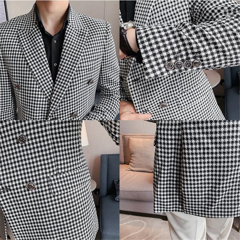 British Style Mens Slim Fit Houndstooth Blazer Men 2022 Simple Double Breasted Business Office Wedding Dress Suit Jacket