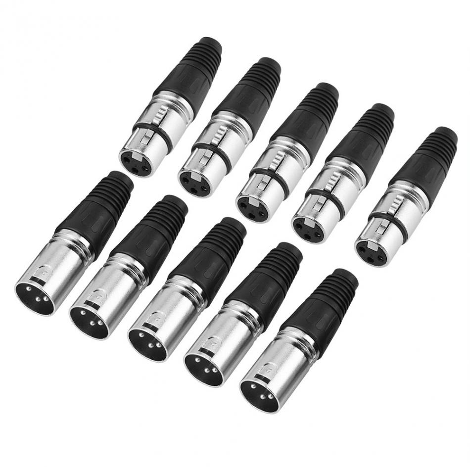 5 Pairs of Male Plug + Female Jack 3 Pin XLR Microphone Mixer Amplifier Cable Connector Silver/Black Mic Adaptor 14 * 13 * 2cm