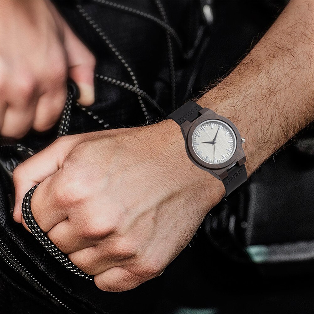 Reloj de pulsera de cuarzo analógico sin número de banda de resina con esfera redonda de madera para hombre a la