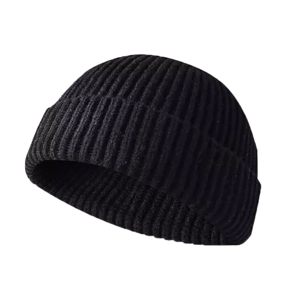 Vinter kvinder mænds varm strik hat beanie skullcap sømand cap manchet brimless hat: Sort