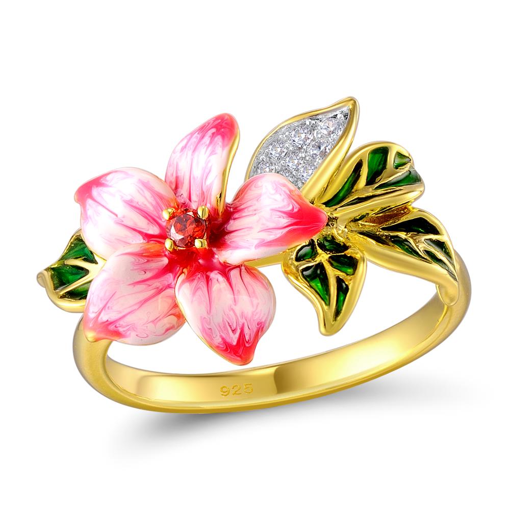 SANTUZZA Silver Ring For Women Authentic 925 Sterling Silver Pink Blooming Flower Charming Jewelry Handmade Enamel