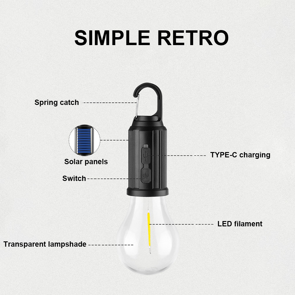 Aurinkoenergialla toimiva led-retkilamppu usb-lataus led-valaistuslyhty vedenpitävä kannettava kädessä pidettävä lamppu 100lm ulkogrilliretkeilyyn
