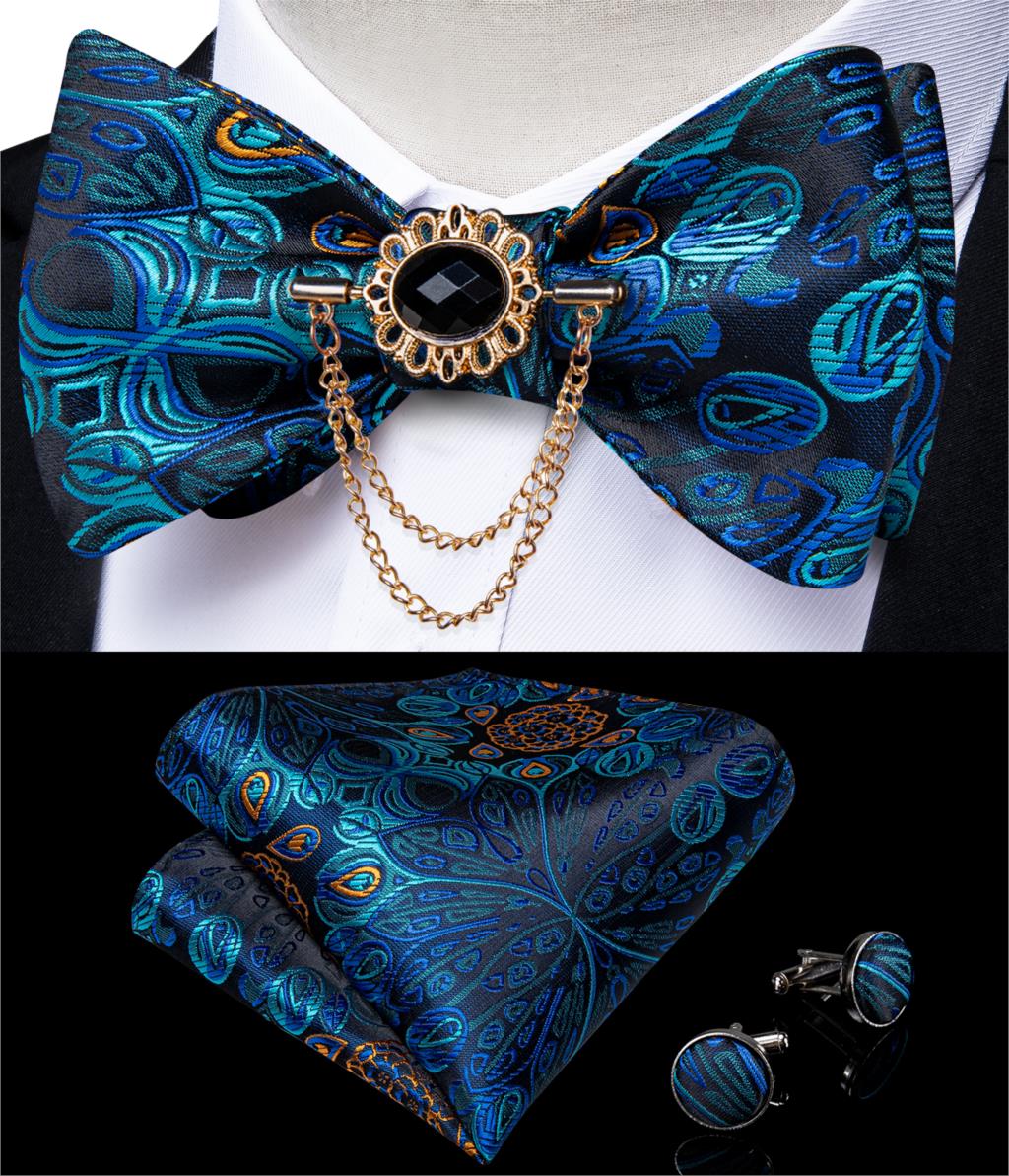 Luxury Gold Black Paisley Self Tie Men&#39;s Bow Tie Silk Woven Wedding Party Butterfly Ties Hanky Brooch Pin Set Tuxedo Bow DiBanGu: HL-3009-0009