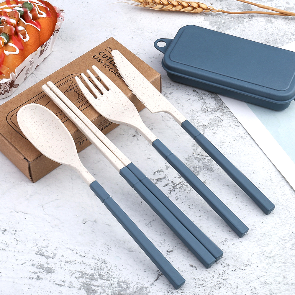 Reizen Bestek Bestek Draagbare Box Japan Stijl Tarwestro Mes Vork Lepel Eetstokjes Student Keuken Servies Set: 4 set / Blue