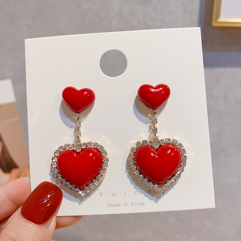 Korean Love Heart Pearl Dangle Pendientes For Women Accessories Rhinestone Boucle D'oreille: Red