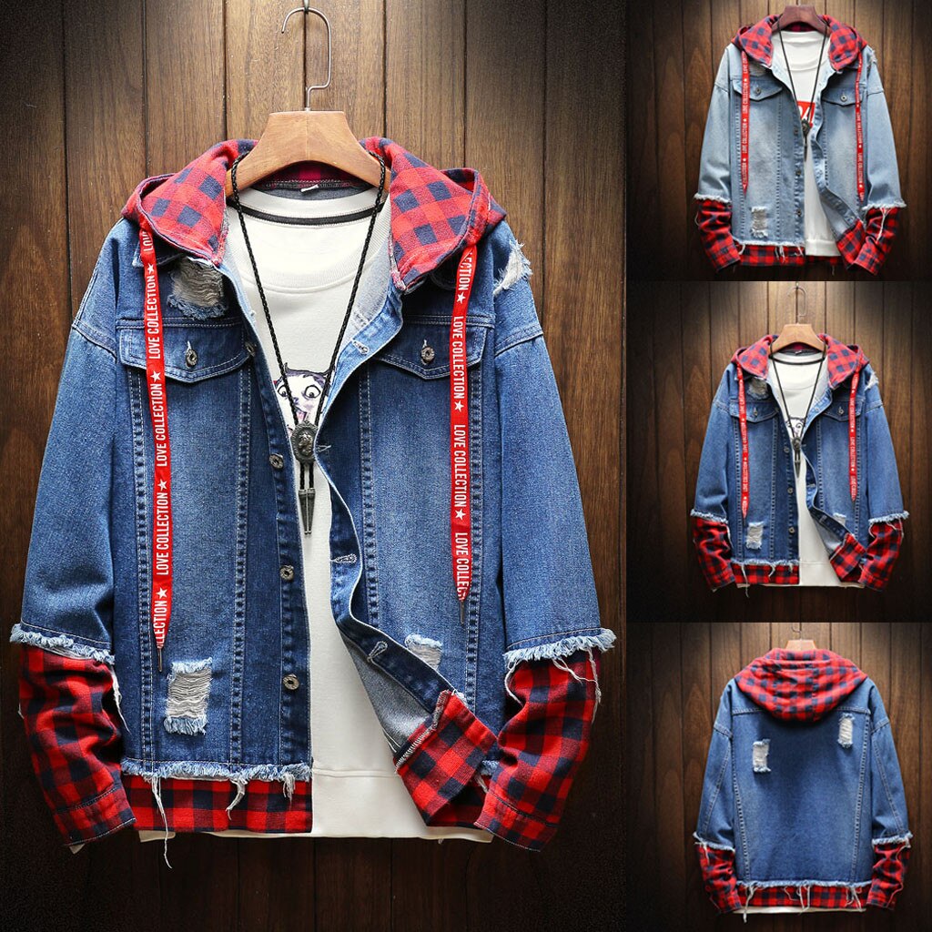 Mens Jackets And Coats Blue Holes Denim Coats Men Spring Autumn Loose Casual Jean Jackets plaid Denim Jackets