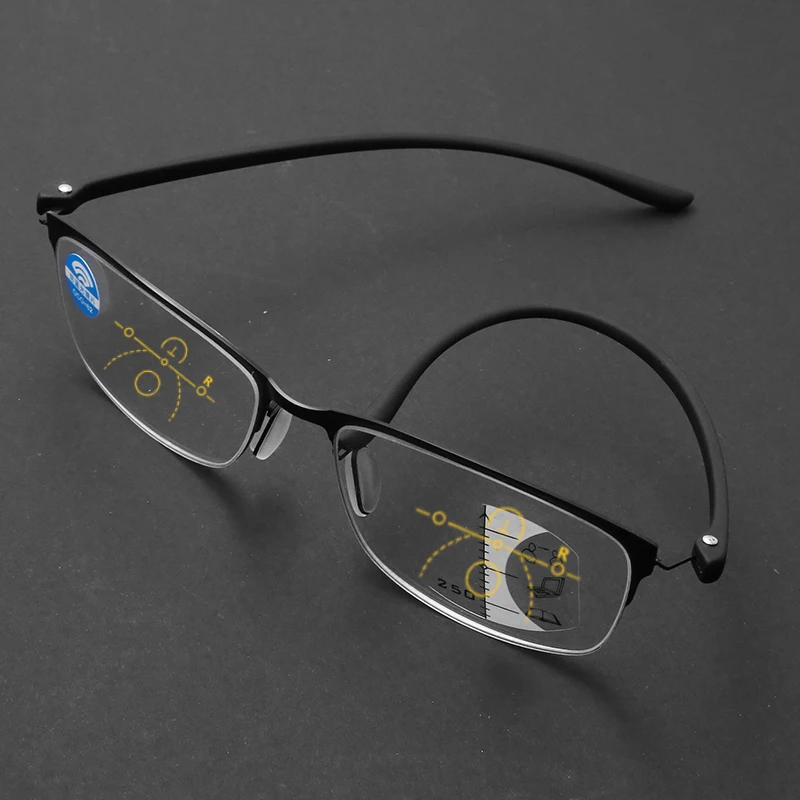 IENJOY Óculos de leitura multifocal de meia armação para homens TR Óculos bifocais progressivos Luz azul Óculos para presbiopia 1.0 2.0 3.0