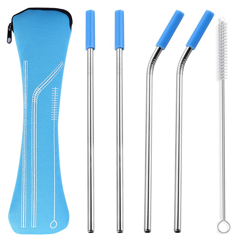1 set Reusable Stainless Steel Straws Straight Bent Drinking Straws with Silicone Tips Cold Beverage Metal Drinking Straw: light blue 4pcs