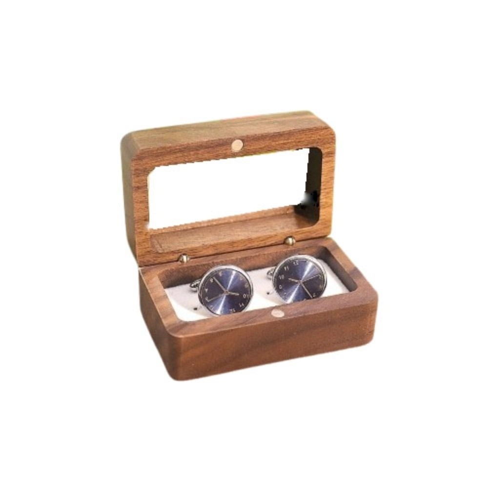 Caja de anillo de madera con doble ranura, ventana de apertura Rectangular, caja de gemelos de nogal negro, exquisito soporte para anillo de joyería a prueba de polvo: YELLOW