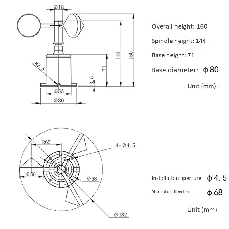 0-70 M/s Windsnelheid Sensor Omgeving Signaal Puls Type Drie Kopjes Windsnelheid Sensor Anemometer DC5-30V