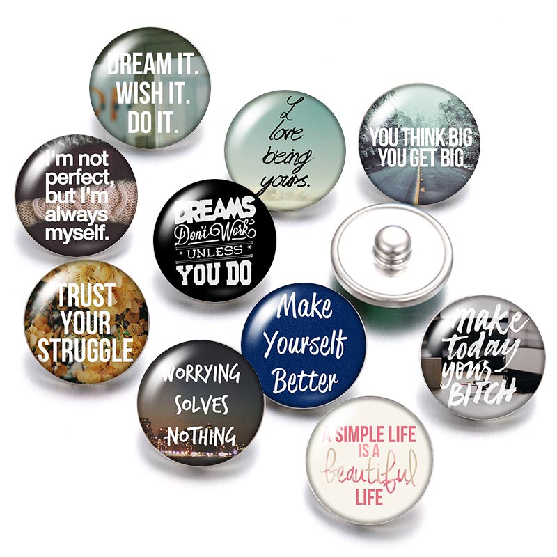 Letters Make yourself better Trust 18mm snap buttons 10pcs mixed round photo glass cabochon style for snap button jewelry