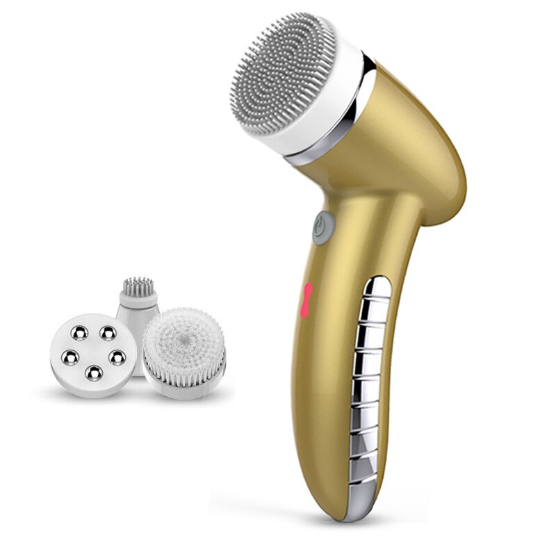 4 In 1 Wash Facial Cleansing Brush Sonic Vibration Face Cleaner Electric Waterproof Massage with 4 Heads Face Cleaning Apparatus: Gold