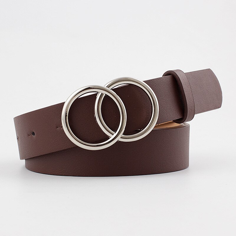 Cinturón con hebilla de doble anillo para mujer, Vintage informal, hebilla plateada que combina con todo, cinturilla de cuero artificial, novedad de: Café
