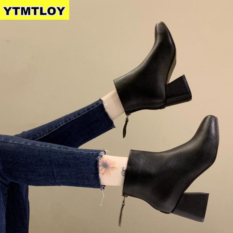 neue Leder Stiefeletten Frauen Dicke hoch Fersen Reißverschluss Spitz Herbst Winter Frau Schuhe Platz Ferse Weiß schwarz