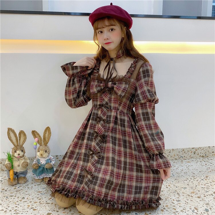 Japanese retro cute student plaid dress long sleeve dress women victorian dress kawaii girl gothic lolita op loli cos cute girl