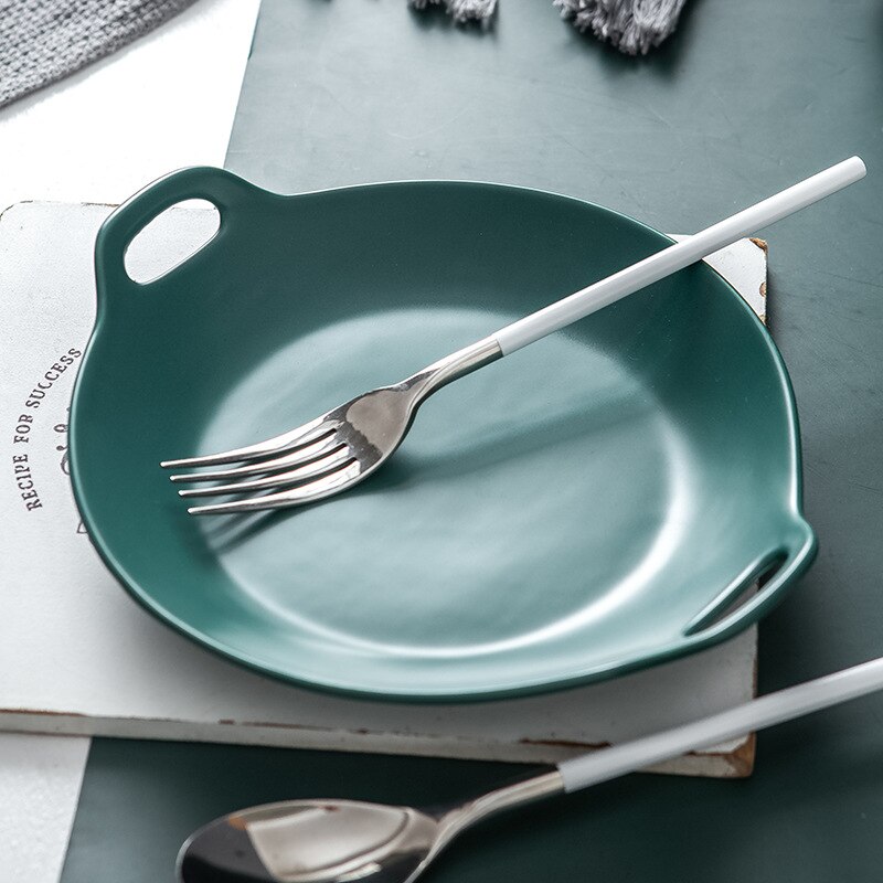 Assiette nordique en céramique mate, Double oreille, ménage, Dim Sum, plaque de cuisson, assiette occidentale rouge, assiettes carrées, ensemble assiette à dîner