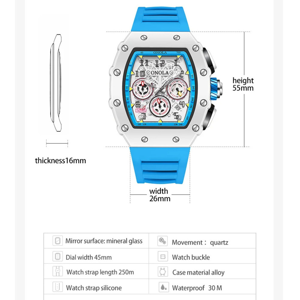 ONOLA Uhren für Herren, modisch, lässig, Tonneau, multifunktional, weiches Silikonarmband, wasserdicht, weiße Quarz-Herrenuhr, Reloj Hombre